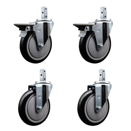 Service Caster 5'' Black Polyurethane Wheel Swivel 7/8'' Square Stem Caster Set 2 Brakes, 4PK SCC-SQ20S514-PPUB-BLK-PLB-78-2-S-2